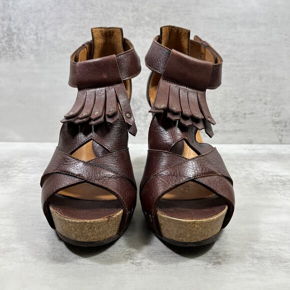 John Fluevog Rules Goodall Leather Fringe Heeled Sandals - Women's Size 8.5 - Picture 2 of 9